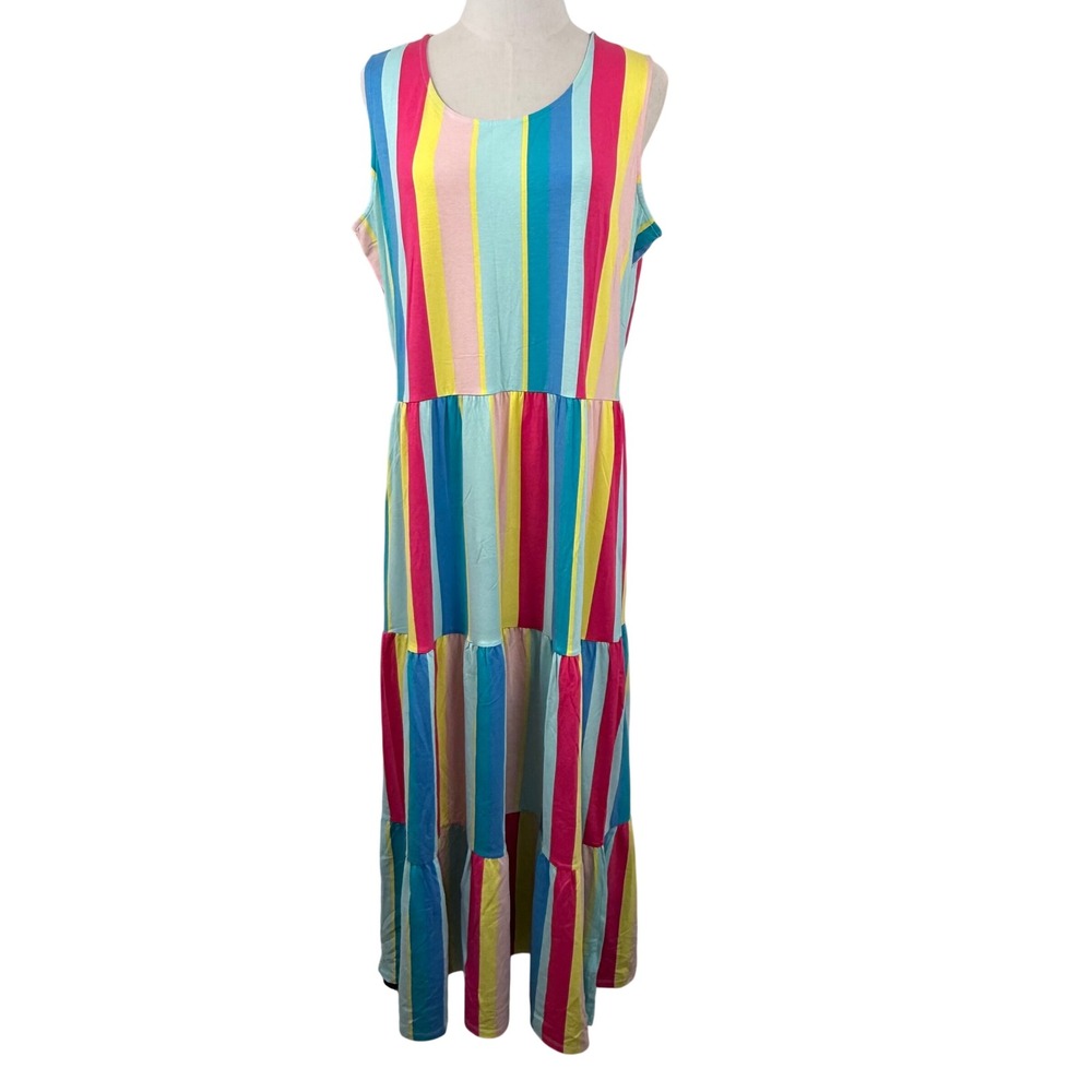 Lands End L 14/16 Maxi Dress Rainbow Striped Tiered Sleeveless Summer Resort NWT